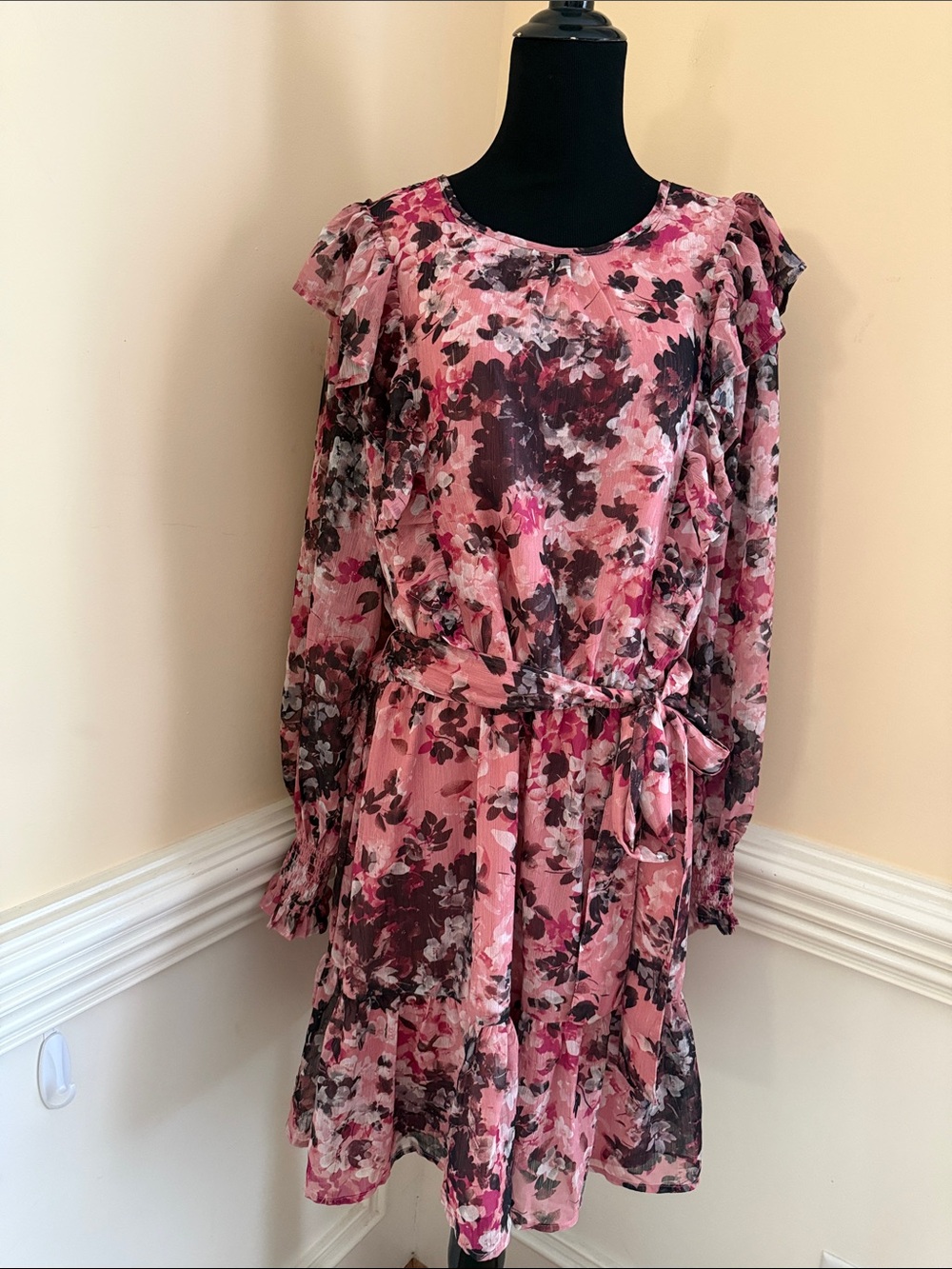 NWT Rachel Parcell Pink Floral Chiffon Dress with Brown Accents Size 18